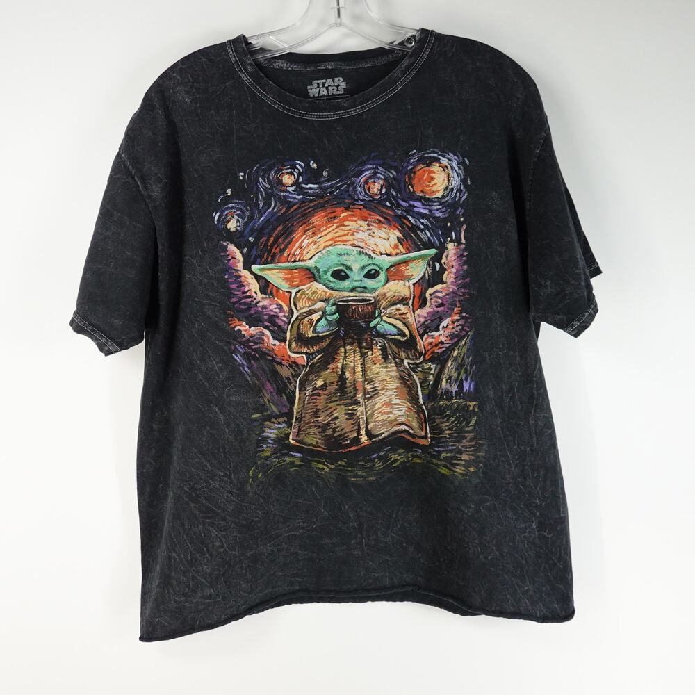 Star Wars Adult T-Shirt L Mandalorian Vincent Van Grogu Graphic Starry Night